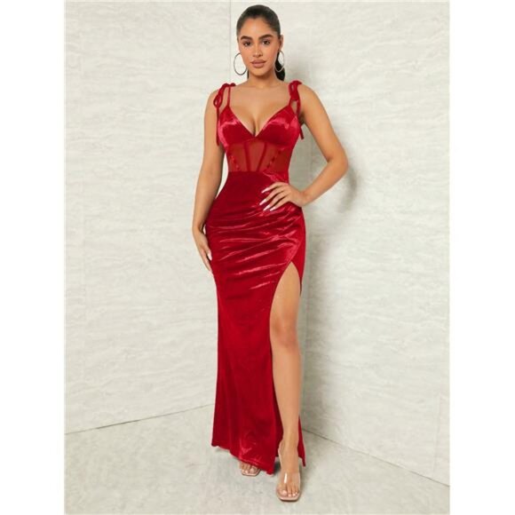 Knotted Shoulder Velvet Dress With Sheer Panels And High Front Slit